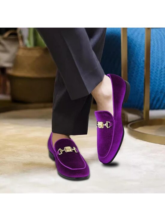 REIHUANNE Men\'s Purple Velvet Loafer Metal Buckle Slip On Luxury Smoking Shoes main image 4